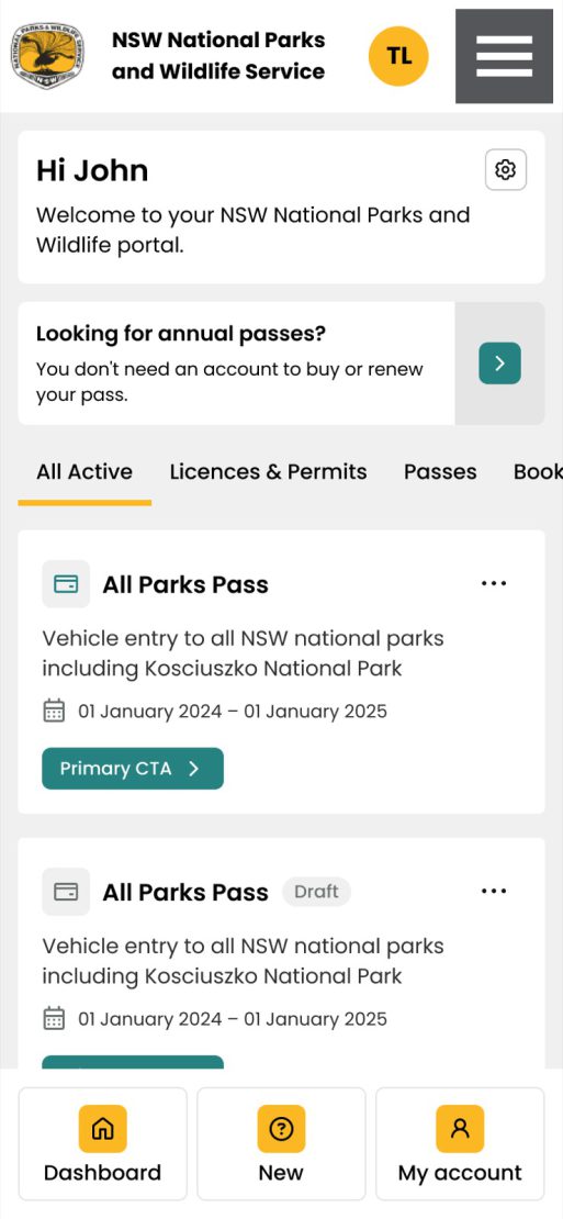NSW National Parks portal dashboard