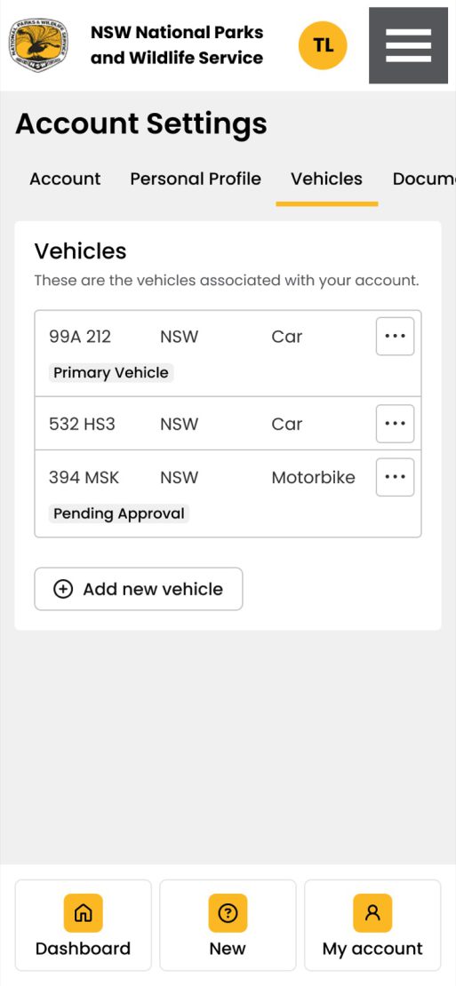 NSW National Parks portal account and vehicles